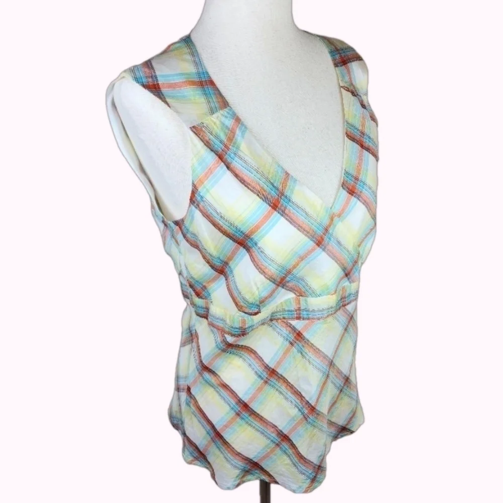 Y2K Vintage Plaid Empire Waist 100% Silk Sleeveless Blouse Medium - Picture 2 of 8